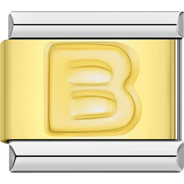 Gold Italian charm link with a raised letter "B" on a polished gold surface and silver edges.